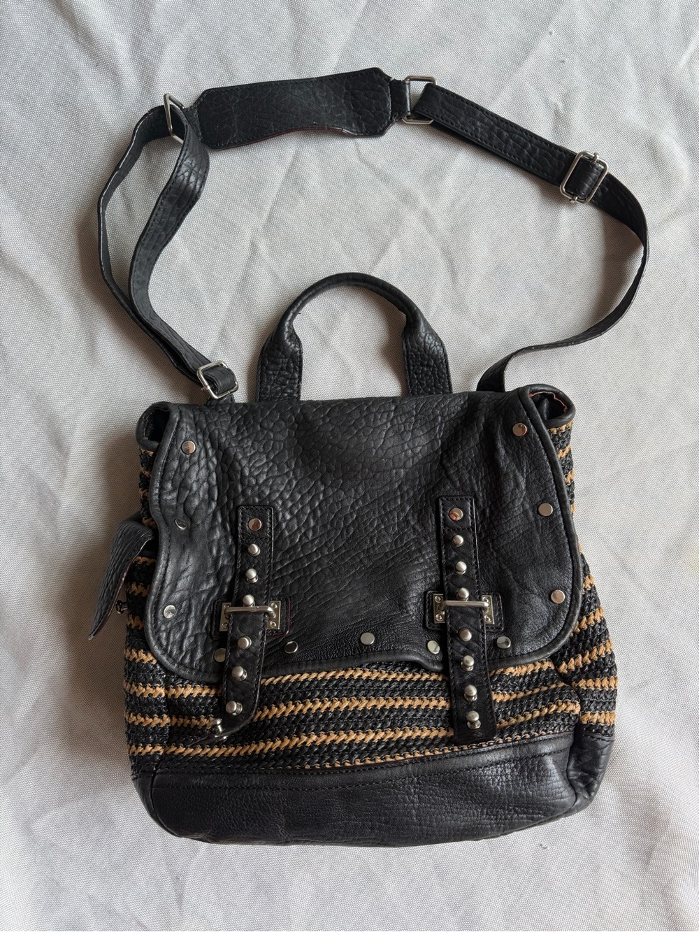 Rebecca Minkoff Leather & Woven Raffia City Bag